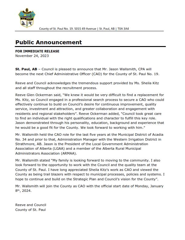 Public Announcement - Chief Administrative Officer - County of St. Paul AB_001