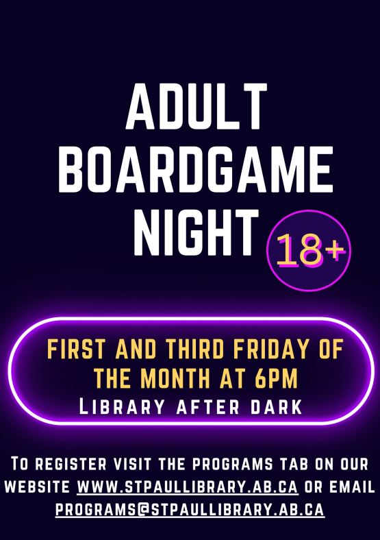 St. Paul Municipal Library event poster for Adult Boardgame Night: Library After Dark, on the first and third Friday of the month