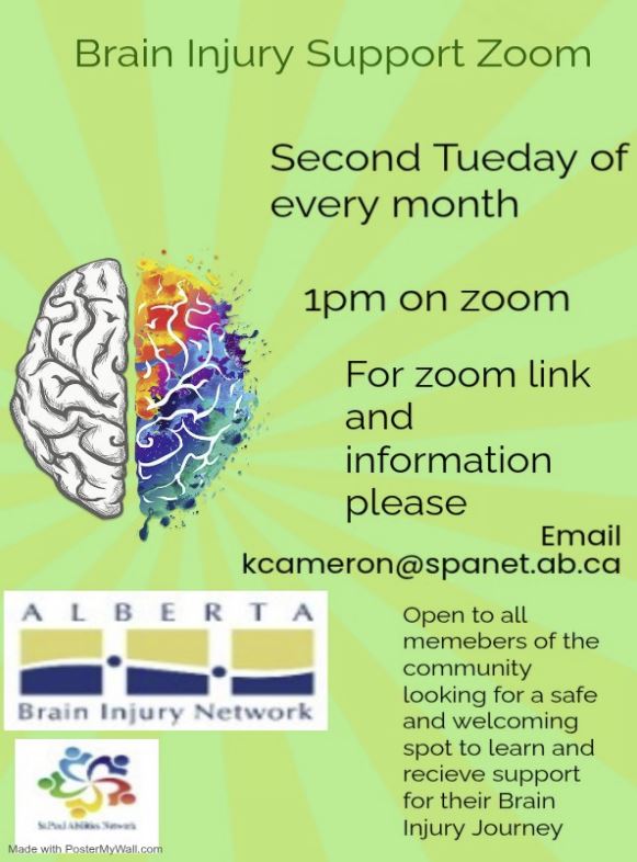 Alberta Brain Injury Network event poster for Zoom meetings monthly on the 2nd Tuesday for 2026