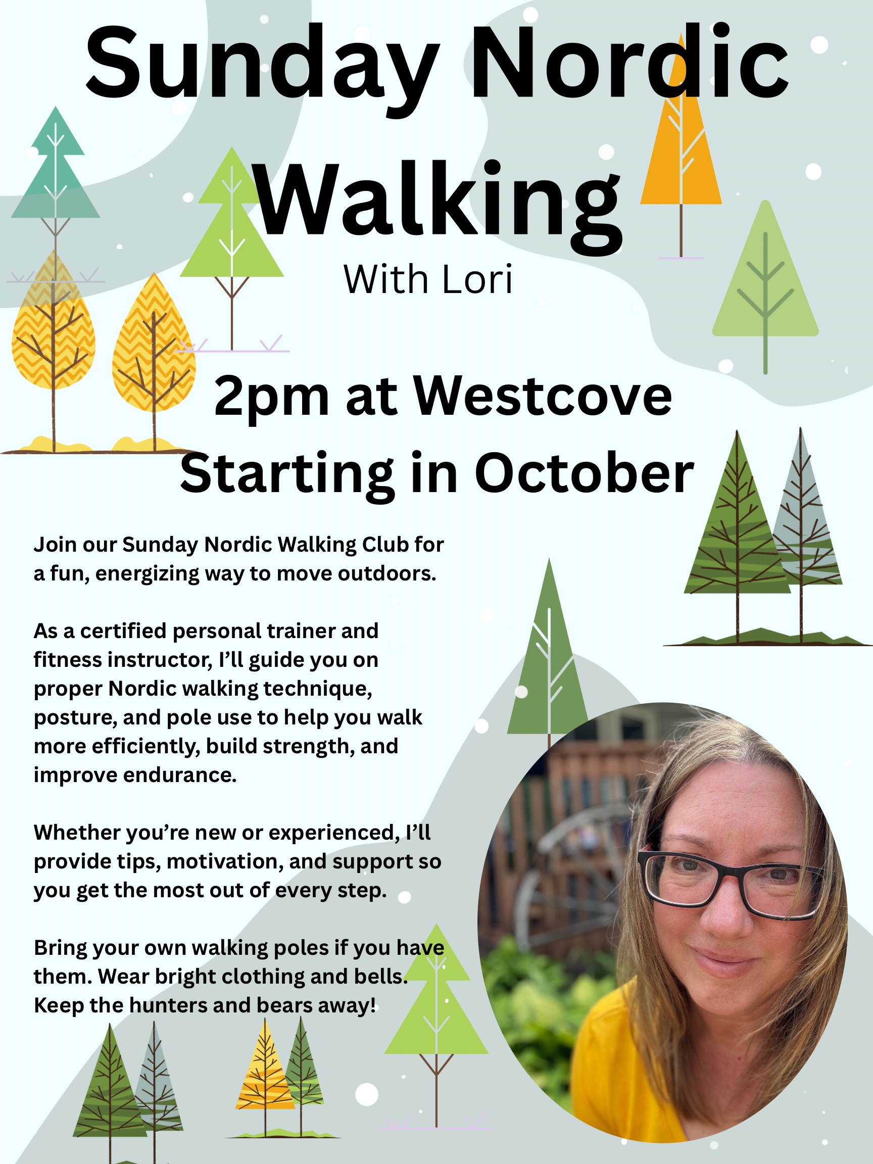 Lakeland Cross Country Ski Club event poster for Sunday Nordic Walking in Westcove, starting October 2025